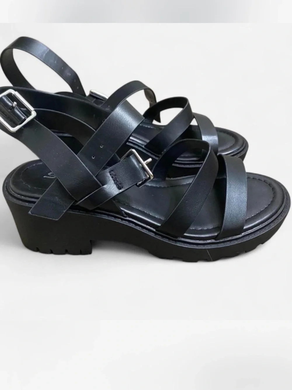 Soda Black Triple-Strap Women’s Sandals with Ankle Buckle
